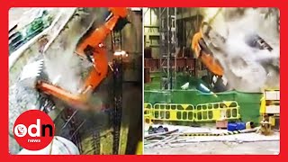 Shocking Moment Excavator Plunges Down Giant Shaft in Hong Kong
