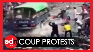 Protesters Attack Police Convoy as Tensions Rise After Myanmar Military Coup