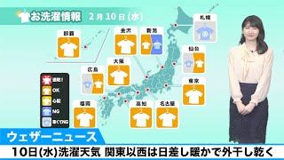 10日(水)洗濯天気 関東以西は日差し暖かで外干し乾く