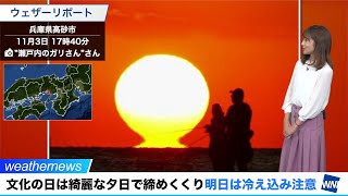 文化の日は綺麗な夕日で締めくくり。明日は冷え込み注意