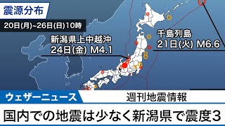 週刊地震情報 新潟県上中越沖で震度3　2007年中越沖地震のやや南西で発生