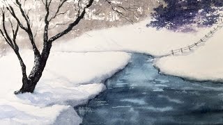 Зима Акварелью с интересной техникой! Winter Riverbank in watercolour