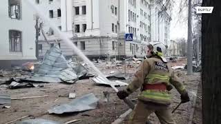 Firefighters on site in the aftermath of shelling in Kharkov amid Russian military offensive