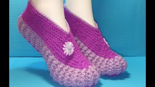 #428 ТАПОЧКИ С ЦВЕТКОМ НА ДВУХ СПИЦАХ .МАСТЕР КЛАСС.  Knitted slippers. Master class.