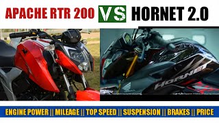 Honda Hornet 2.0 vs Tvs Apache RTR 200 | Engine | Mileage | Top Speed | Suspension | Brakes | Price