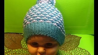 ТРЕХЦВЕТНАЯ ШАПОЧКА НА РЕБЕНКА С ПОМПОНОМ СПИЦАМИ #153