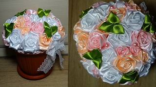 Горшочек с Розами Канзаши/Gift pot/Pot roses