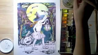 Хэллоуин. Рисуем девочку с фонариком на Хэллоуин акварелью.