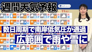 週間天気予報 数日周期で南岸低気圧が通過 広範囲で雨や雪に