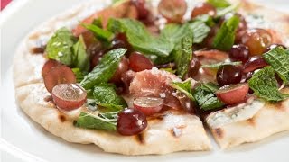 Flatbread with Red Grapes, Prosciutto, Crème Fraiche, Mint, and Olive Oil