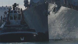 Collision damaged USS John S. McCain OFFLOAD from HEAVY LIFT TRANSPORT MV Treasure!