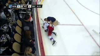 Evgeni Malkin runs over Dan Giarardi 11/15/14
