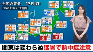 6月27日(月)の天気 関東は猛暑続く、西日本や東海も暑い週明け
