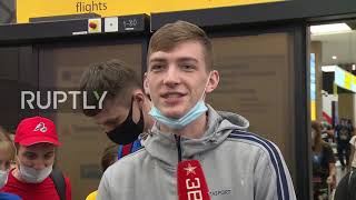 Russia: Taekwondo gold medalists Khramtcov and Larin honoured upon arrival at Moscow airport
