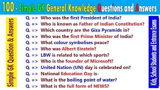 100 Simple General knowledge India GK Questions Answers for all Kids, Students and Entrance Exams