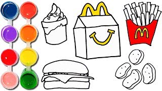 How to Draw & Color a McDonalds Happy Meal Set | Hamburger, French Fries, Sunday Ice Cream, Nuggets