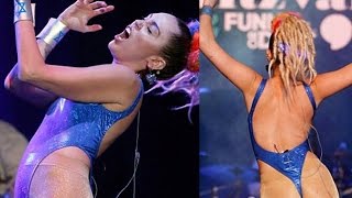 Miley Cyrus performed her hits wearing a very skimpy and shiny blue leotard which had a thong design