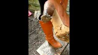 Brown tall leather high heel boots trampling and crushing #27