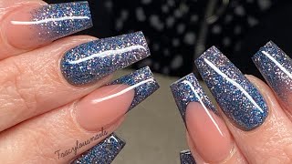 Glittery Deep Blue Nail Tutorial with Smile Lines