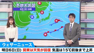 明日6日(日) 関東は天気が回復／気温は15℃前後まで上昇