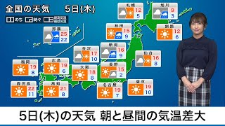 5日(木)の天気　全国的に穏やかな晴天、朝と昼間の気温差大