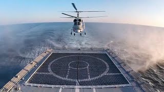 Кадры взлетов и посадок вертолета Ка-27 на палубу «Адмирала Григоровича»