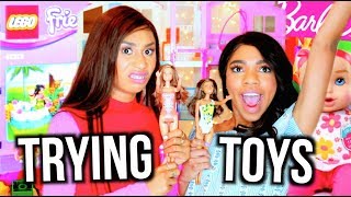 GIRLS TRY POPULAR KIDS TOYS! LEGOS BARBIES CRYING DOLLS | MyLifeAsEva