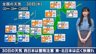 9月30日(水)の天気　西日本は強雨や雷雨に注意　東、北日本は広く秋晴れ