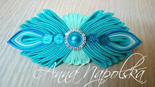 Смарагдова заколка канзаши. Изумрудная заколка своими руками. Hairclip kanzashi