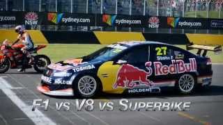 V8 Supercar vs Red Bull Formula One RB7 vs Superbike at Top Gear Festival