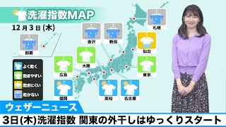 3日(木)洗濯指数／関東の外干しはゆっくりスタート