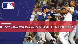Kemp runs over Chirinos at home plate as benches clear
