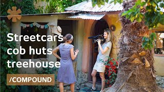 Family home in converted streetcars, DIY treehouse & cob huts