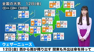 12日(金) 西から雨が降り出す 関東も外出は傘を持って