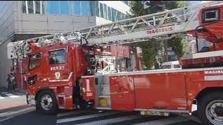 緊急走行するはしご車と、消火活動。Urgent run & Fire fighting.