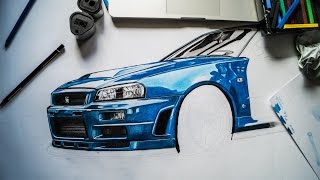 How to draw / shade a Nissan Skyline GT-R 34 (@autozeichner)