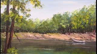 АКРИЛ. Берег реки, деревья,отражения. River in Acrylic. Trees, water, reflections, rocks.