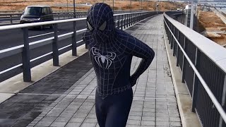 ブラック・スパイダーマン コスプレ変身 Spiderman zentai ゲートブリッジ09