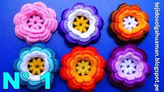 flor tejida a crochet o ganchillo N° 1para adornar gorros, tapetes y cuadrados de colchas