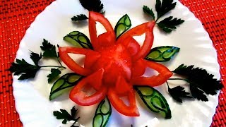 Прекрасный цветок из помидора - Украшения из огурца & Карвинг овощей -  Украшение блюд и салатов