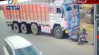 CCTV Visuals of Road Accident, Lorry Hits Bike In Medchal