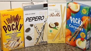 Pocky: Chocolate Banana & Coconut, Lotte Pepero White Chocolate Cookie, Biskitop Coconut Wafer