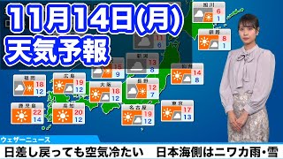 11月14日(月)　日差し戻っても空気冷たい　日本海側はニワカ雨･雪