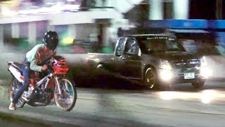 MOPED vs pickup TRUCK Drag Racing (isuzu dmax versus 2 stroke motorcycle. Car vs Bike race)