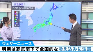 明朝は寒気南下で全国的な冷え込みに注意