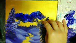 #8 Рисуем Сказочный Зимний пейзаж. Золотое небо, горы, ёлки в снегу /How To Paint winter landscape