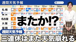【週間天気予報】また三連休は天気崩れる