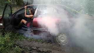 Lady is stuck with Burnout tires - Car Stuck Girl