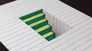 How to Draw 3D Steps in a Hole - Line Paper Trick Art