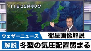 冬型の気圧配置弱まる/衛星画像解説